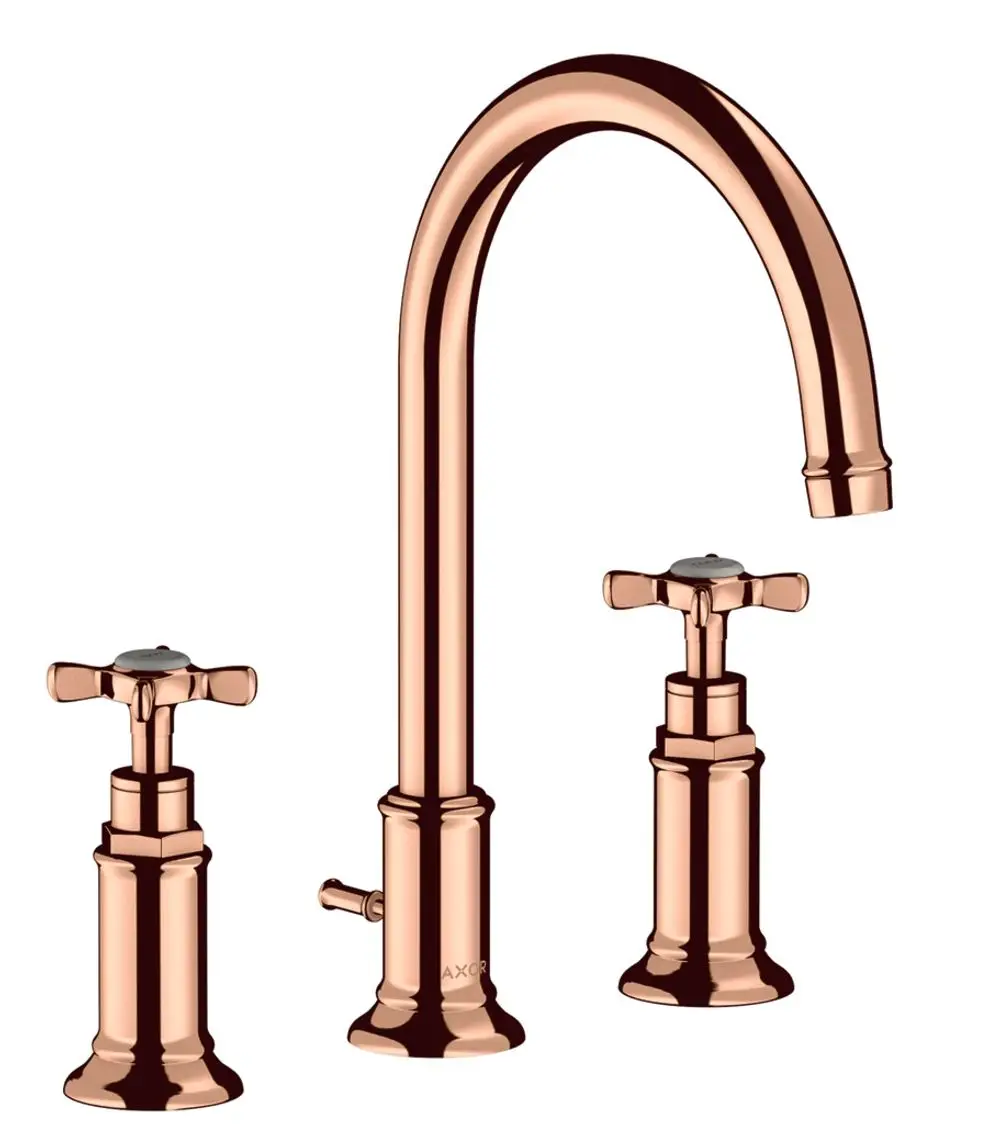 Drei Armaturen in poliertem Rotgold von AXOR mit hohem, gebogenem Wasserhahn und zwei Kreuzgriffen zur Steuerung der Wasserzufuhr.